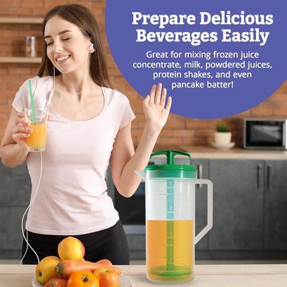 JBK Pottery 2-Quart White Mixing Pitcher with Plunger – BPA-Free Plastic Mixing Jug for Juice, Milk, Tea, Shakes, and More – Dishwasher-Safe, Spill-Proof Lid, Smart Stirring Design