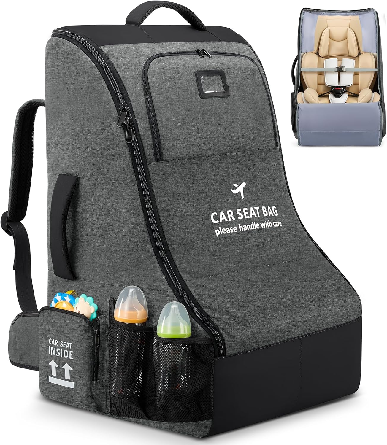 RAINSMORE Car Seat Travel Bag for Airplane Padded Car Seat Backpack Heavy-duty Car Seat Cover for Air Travel Gate Check Carseat Carrier Bags for Airport Fits Infant Carriers & Boosters