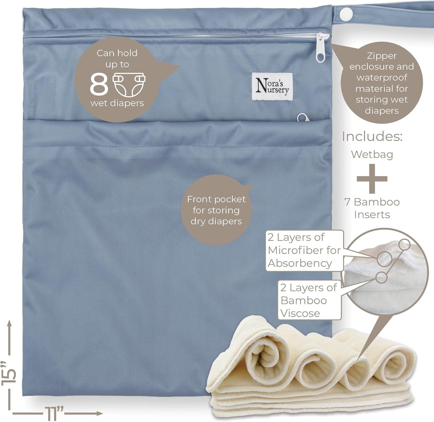 Nora's Nursery Cloth Diapers 7 Pack with 7 Inserts & 1 Wet Bag - Waterproof Cover, Washable, Reusable & One Size Adjustable Pocket Diapers for Newborns and Toddlers - Delilah