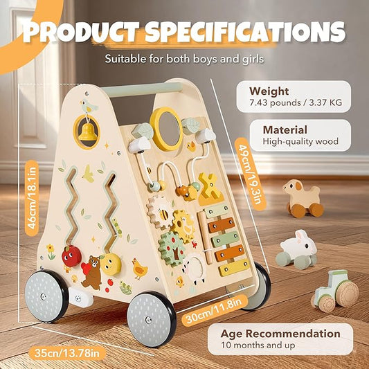 Pithfor Wooden Baby Push Walker, Baby Walker with Activity Center for Girls Boys, Montessori Sensory Push Toys for Babies Learning to Walk & Sit-to-Stand
