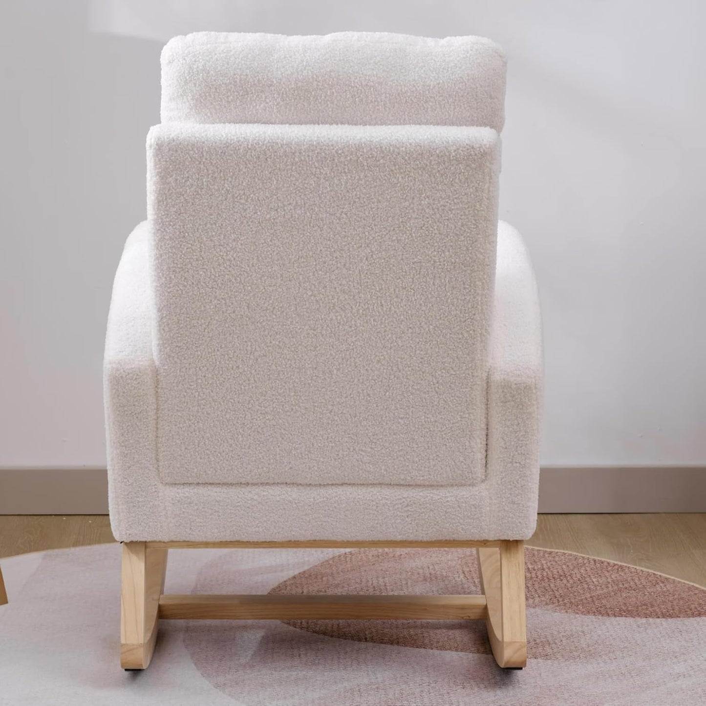 Nursery Rocking Chair with Solid Wood Legs, Glider Chair for Nursery with Two Side Pockets, Rocker Armchair for Living Room Bedroom (Ivory White, Teddy Fabric)