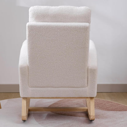 Nursery Rocking Chair with Solid Wood Legs, Glider Chair for Nursery with Two Side Pockets, Rocker Armchair for Living Room Bedroom (Ivory White, Teddy Fabric)