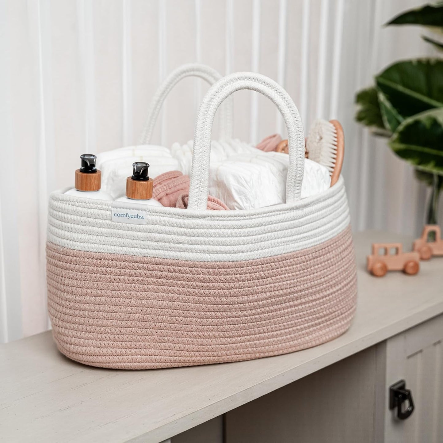 Comfy Cubs Rope Diaper Caddy Organizer 8.5" x 15" x 8" - Large Baby Diaper Basket with 3 Spacious Compartments - Stylish Cotton Baby Caddy Organizer for Diapers, Wipes & Essentials - Pacific Blue