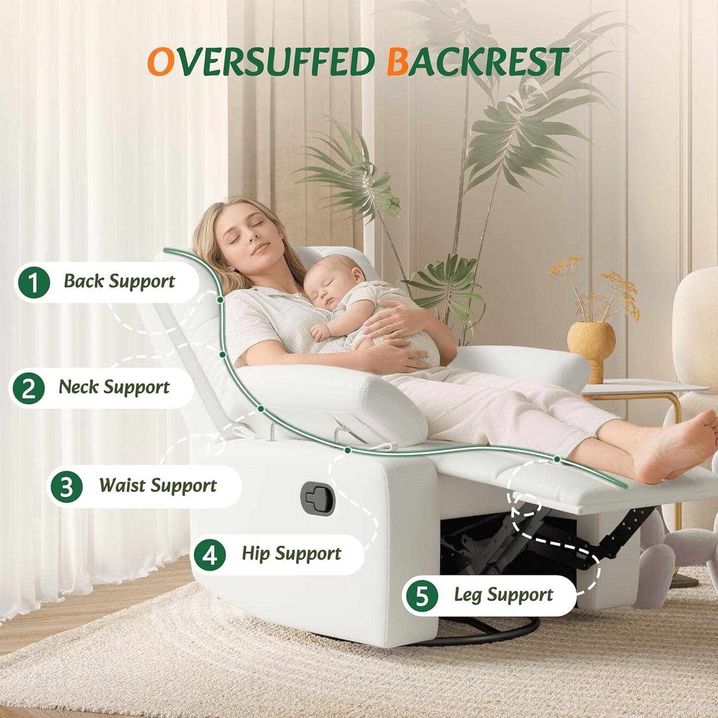 AILEEKISS Nursery Glider Recliner Rocking Chair w/Adjustable Armrests, Oversized 360° Swivel, 30° Rocker, 90°-160° Recline, White Leather Reclining Nursing Living Room Chair for Breastfeeding Bedroom