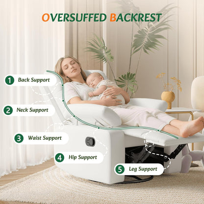 AILEEKISS Nursery Glider Recliner Rocking Chair w/Adjustable Armrests, Oversized 360° Swivel, 30° Rocker, 90°-160° Recline, White Leather Reclining Nursing Living Room Chair for Breastfeeding Bedroom