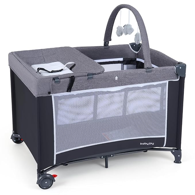 BABY JOY 3 in 1 Pack and Play, Travel Crib Bassinet Bed for Baby, Changing Table w/Safety Belt, Toy Bar, Lockable Wheels, Portable Baby Playard from Newborn to Toddler