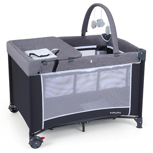 BABY JOY 3 in 1 Pack and Play, Travel Crib Bassinet Bed for Baby, Changing Table w/Safety Belt, Toy Bar, Lockable Wheels, Portable Baby Playard from Newborn to Toddler