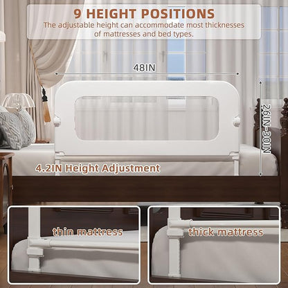 FigTime Bed Rail for Toddlers, Baby Bed Rail Guard for Kids, Toddler Bed Rails with Reinforced Anchor Fit, Height Adjustable & Foldable Bed Rail Guard for Twin, Full, Queen & King Beds (White, 48IN)