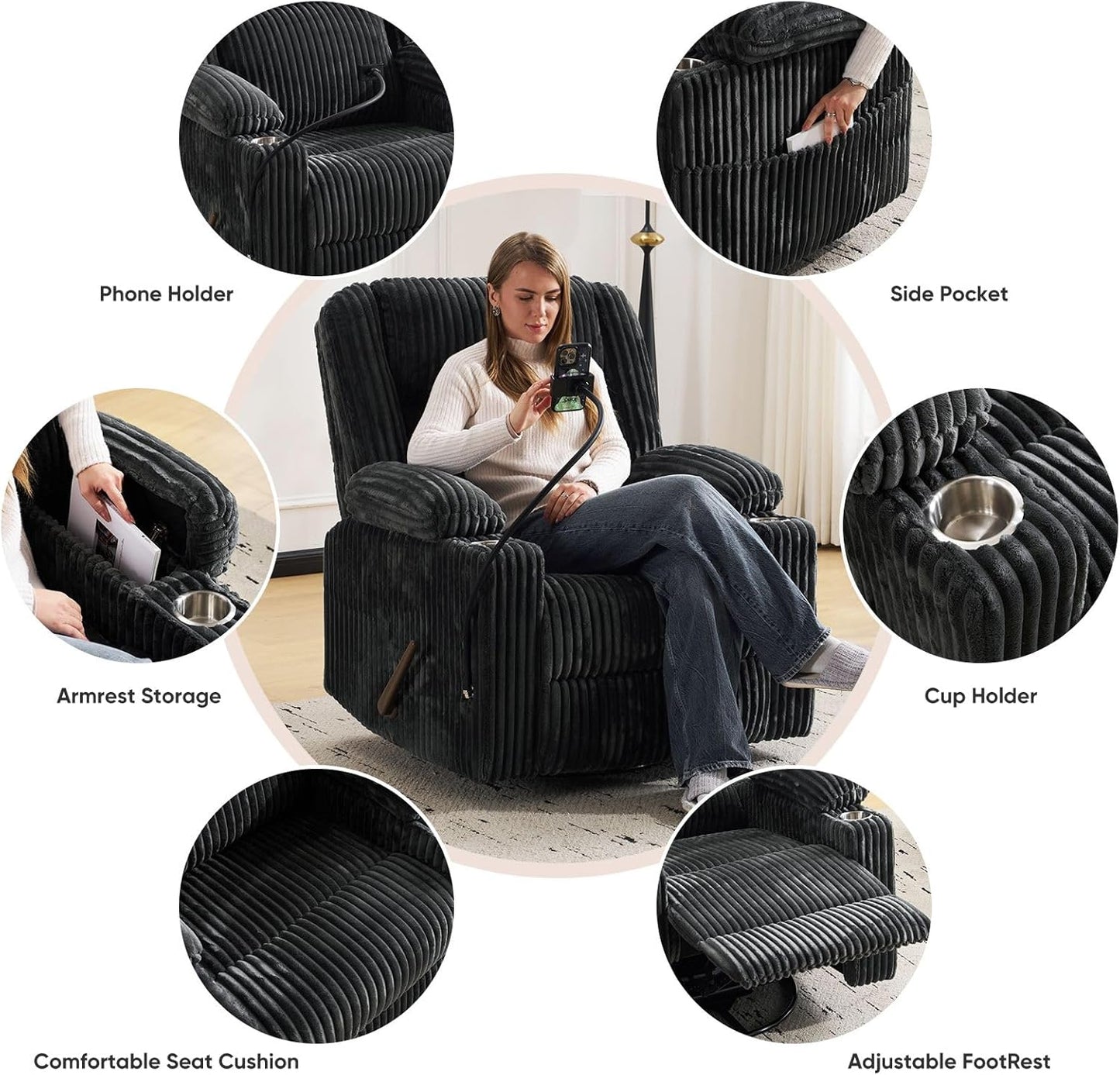 Oversized Power Recliner Chair with Massage and Heat, Swivel Rocker Recliner Chair for Adults with Arm Storage, Nursery Glider Recliner with Adjustable Headrest and Phone Stand, Side Pockets, Beige