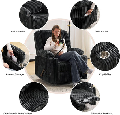 Oversized Power Recliner Chair with Massage and Heat, Swivel Rocker Recliner Chair for Adults with Arm Storage, Nursery Glider Recliner with Adjustable Headrest and Phone Stand, Side Pockets, Beige