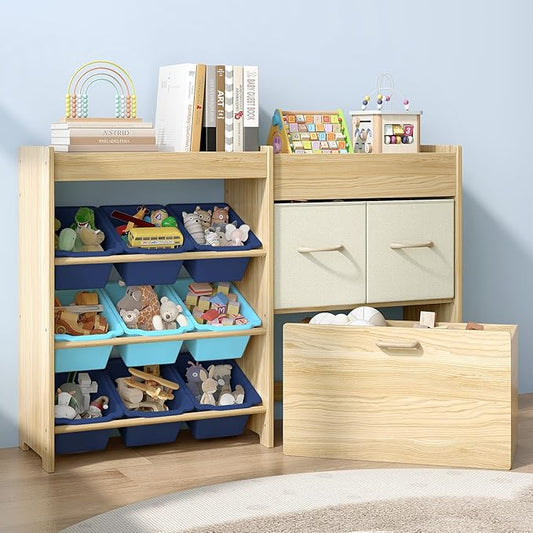 EXPERLAM Toy Storage Organizer for Kids, 9-Bin Toy Organizer with 2-Drawers,Movable Toy Chest and Top Rack, Kids Bookshelf and Toy Storage for Playroom, Bedroom, Nursery, Blue