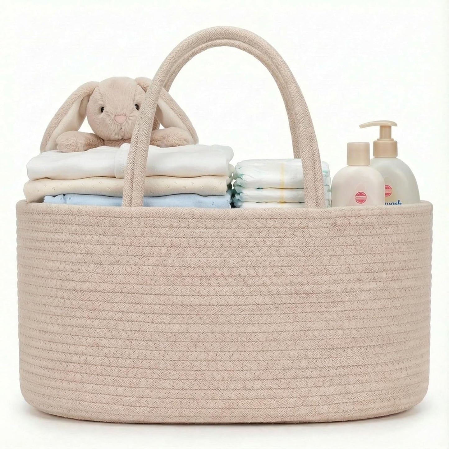 luxury little Diaper Caddy Organizer, Large Cotton Rope Nursery Baby Basket, Changing Table Organizer for Baby Diaper Storage, Portable Car Organizer Removable Divider (Off White, Large)