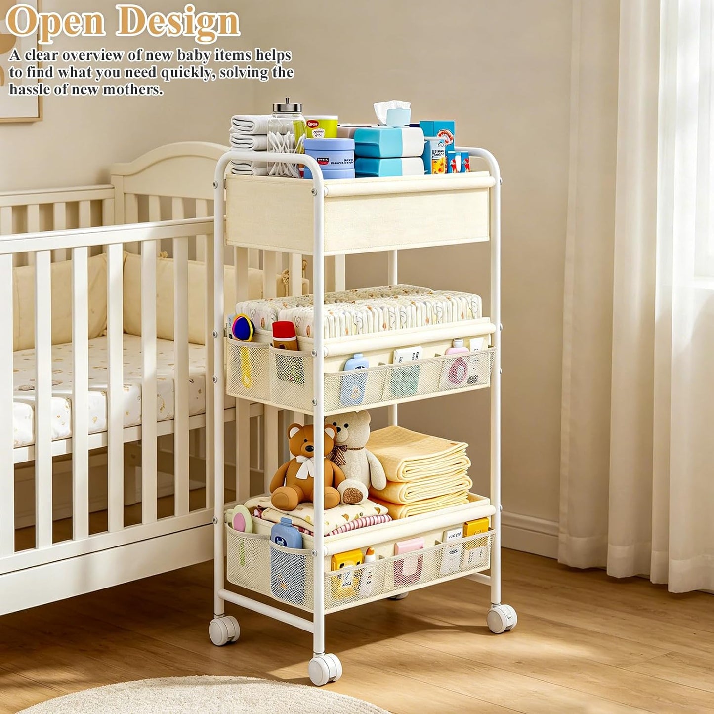 3-Tier Baby Diaper Caddy Cart Organizer,Mobile Nursery Storage Carts with Wheels,With 2 Dividers&14 Mesh Pockets Durable Metal Utility Cart for Nursery, Bedroom, Bathroom, Baby Essentials Organization