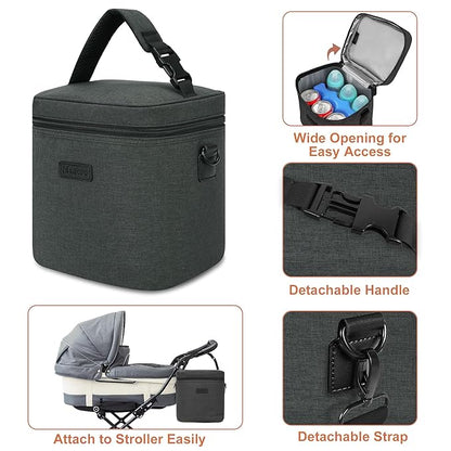 Mancro Breastmilk Cooler Bag with Ice Pack, Insulated Bottle Bag for 6 Baby Bottles (Up to 9 Ounce) with Shoulder Strap for Nursing Moms on The Go or Daycare, Dark Grey