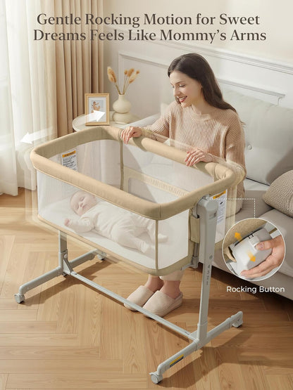 ONTHEWEI Baby Bassinet Bedside Sleeper 3-in-1, Easy Night Feeding with One-Side Fold & Rolling Wheels, Breathable Mesh, 6-Height Adjustable, Soft Mattress for Newborns