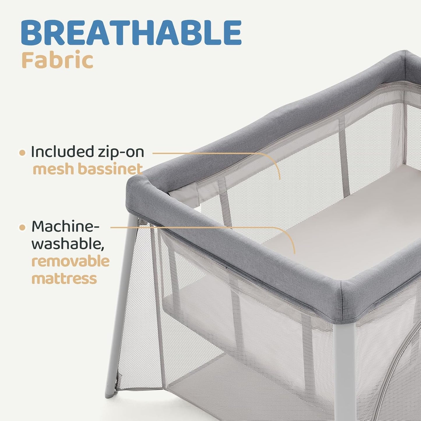 HARPPA Travel Crib with Comfy Pad, Lightweight Portable Crib Requires No Assembly, Foldable Pack and Play for Baby and Toddlers, Compact Play Yard with Bed,Gray