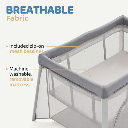 HARPPA Travel Crib with Comfy Pad, Lightweight Portable Crib Requires No Assembly, Foldable Pack and Play for Baby and Toddlers, Compact Play Yard with Bed,Gray