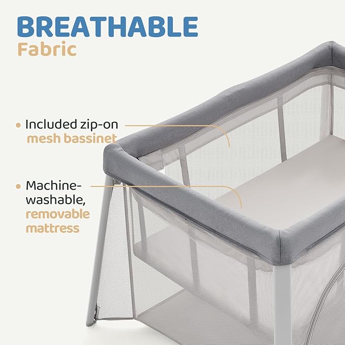 HARPPA Travel Crib with Comfy Pad, Lightweight Portable Crib Requires No Assembly, Foldable Pack and Play for Baby and Toddlers, Compact Play Yard with Bed,Gray