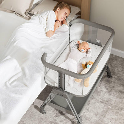 Fodoss Baby Bassinets Bedside Sleeper - 3-in-1 Baby Bassinet with Wheels, Soft Mattress, Storage Tray, Full-Mesh Sides, 7-Height Adjustable Crib for Newborns