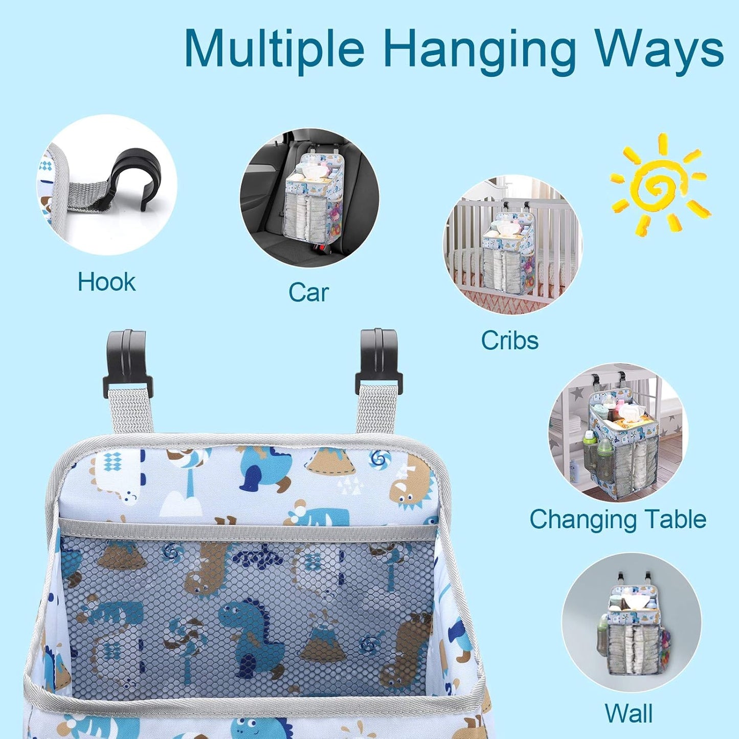 Accmor Hanging Baby Diaper Caddy Organizer, Diaper Stacker, Baby Crib Hanging Classified Storage Bag Organizer for Changing Table, Crib, Playard or Wall & Nursery Organization, Grey