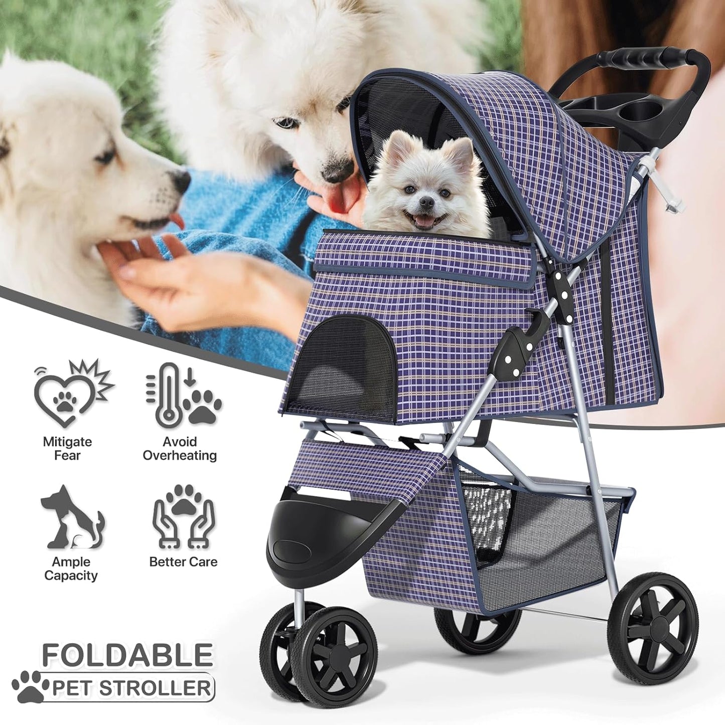 MoNiBloom Foldable Pet Stroller with Weather Cover, 3 Wheels Pet Strolling Cart for Small/Medium Dogs and Cats with Storage Basket and Cup Holder, Breathable and Visible Mesh for All-Season, Black