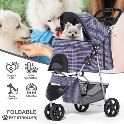 MoNiBloom Foldable Pet Stroller with Weather Cover, 3 Wheels Pet Strolling Cart for Small/Medium Dogs and Cats with Storage Basket and Cup Holder, Breathable and Visible Mesh for All-Season, Black