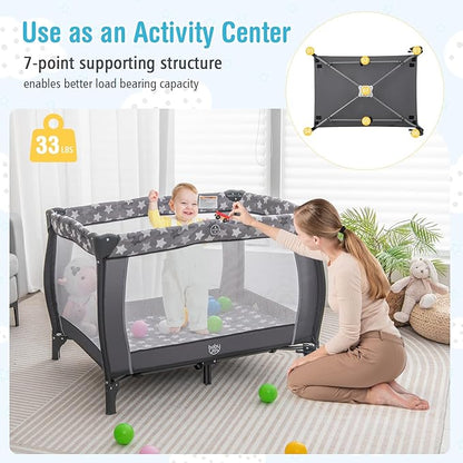BABY JOY 4 in 1 Pack and Play, Portable Baby Playard with Bassinet, Adjustable Canopy, Changing Table, Lockable Wheels, Glowing Music Box, Travel Baby Crib Bassinet Bed from Newborn to Toddler
