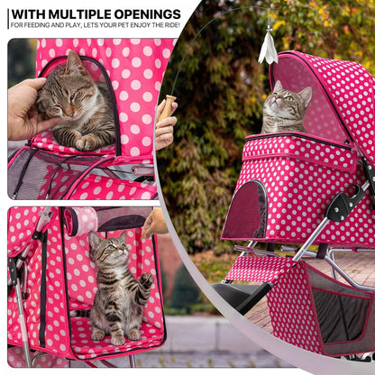 MoNiBloom Foldable Pet Stroller with Weather Cover, 3 Wheels Pet Strolling Cart for Small/Medium Dogs and Cats with Storage Basket and Cup Holder, Breathable and Visible Mesh for All-Season, Black