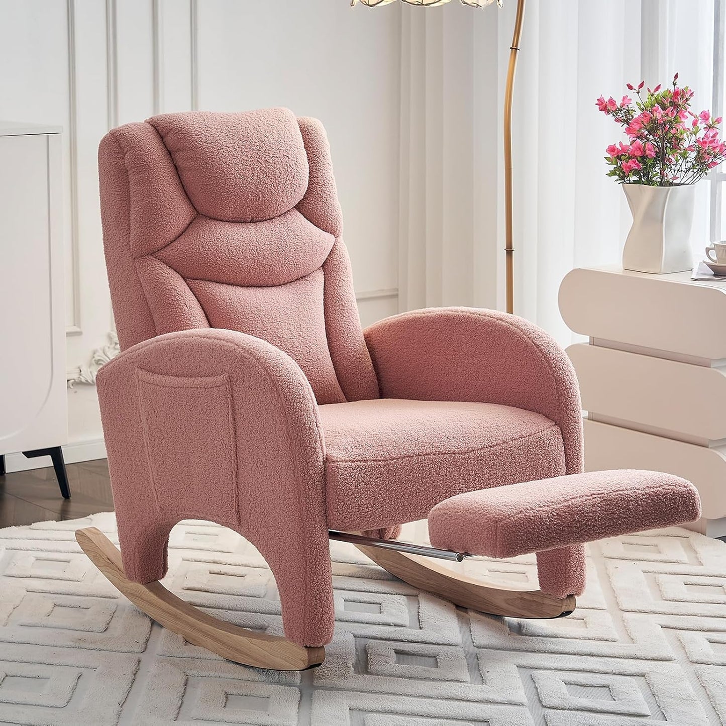 FOXHUNTER Rocking Chair Nursery, Modern Glider Chair with Adjustable Footrest and Solid Wood Legs, High Backrest Nursery Chair with Side Pocket, Rocker Armchair for Living Room Bedroom, Teddy Ivory
