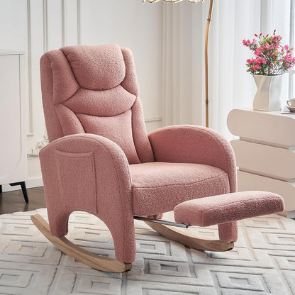 FOXHUNTER Rocking Chair Nursery, Modern Glider Chair with Adjustable Footrest and Solid Wood Legs, High Backrest Nursery Chair with Side Pocket, Rocker Armchair for Living Room Bedroom, Teddy Ivory
