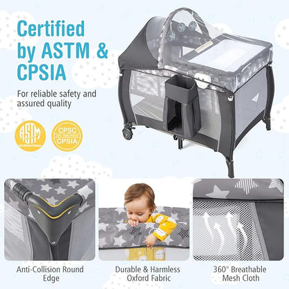 BABY JOY 4 in 1 Pack and Play, Portable Baby Playard with Bassinet, Adjustable Canopy, Changing Table, Lockable Wheels, Glowing Music Box, Travel Baby Crib Bassinet Bed from Newborn to Toddler