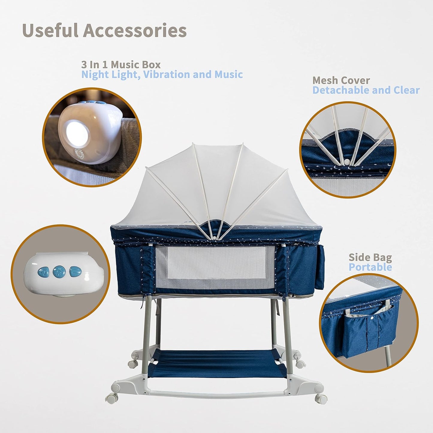 Multi Function Baby Crib Bedside Sleeper Newborn Rocking Bassinet for Infant and Toddler with Wheel Base Portable and Adjustable(Navy Blue)