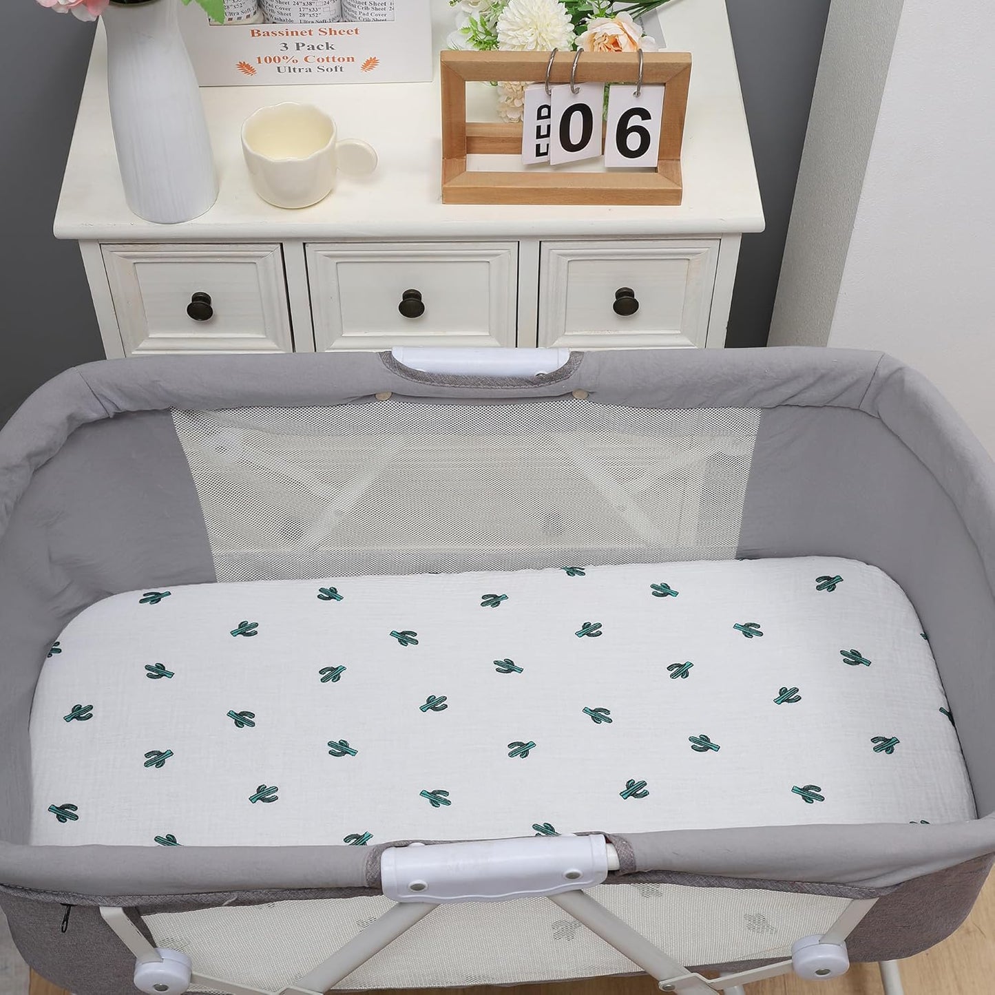 Onacosht Muslin Bassinet Sheets 3 Pack, 100% Cotton Baby Fitted Sheet 33" x 19" Compatible with Mika Micky, KoolaBaby (3 in 1), BabyBond, HARPPA and RICUTON Bedside Bassinet, Green, Floral and Cactus