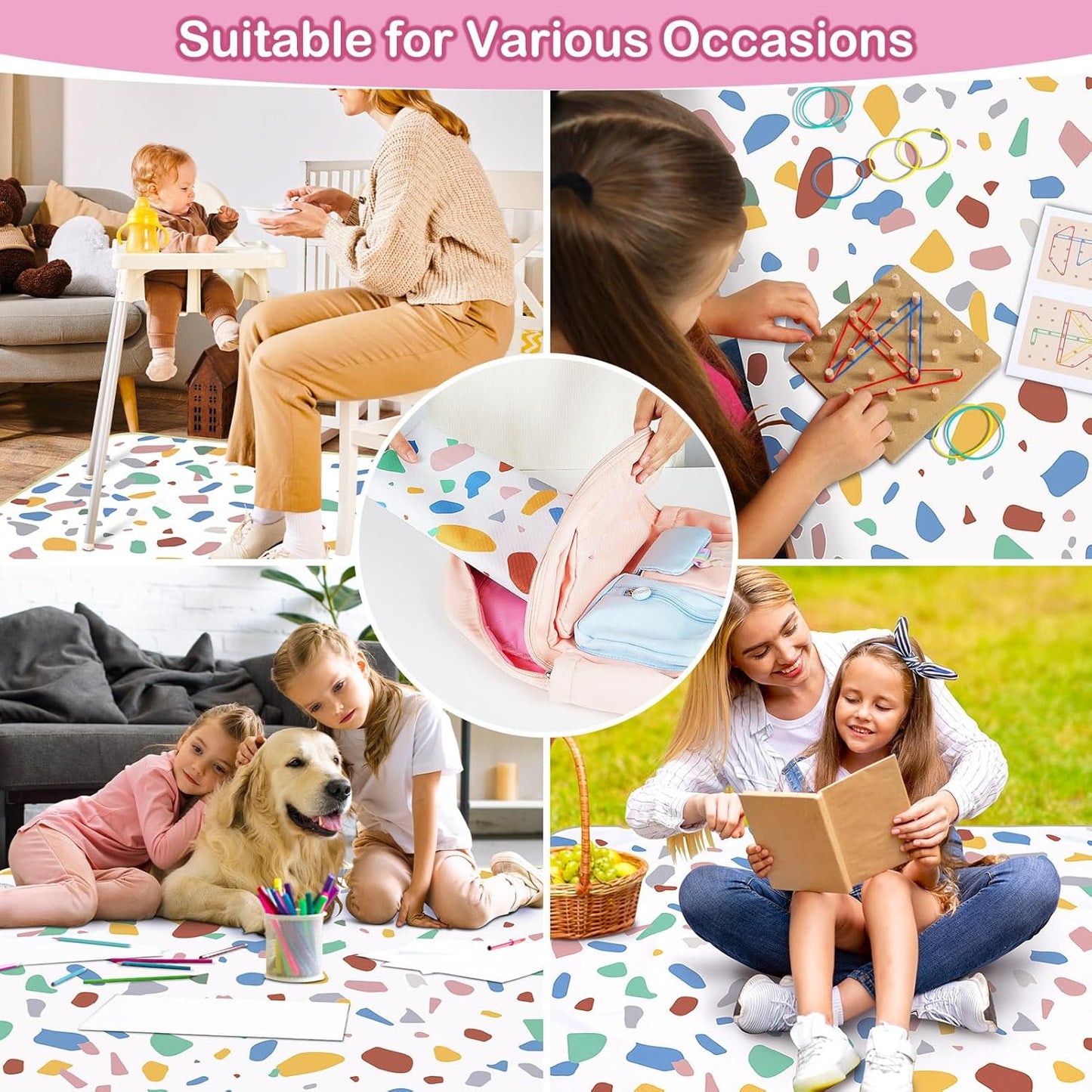 Basumee Splat Mat High Chair Mat Waterproof Baby Play Splat Mat for Under High Chair Food Catcher Highchair Mat for Floor Non Slip Bottom, Pink Rainbow, 46x42 Inches