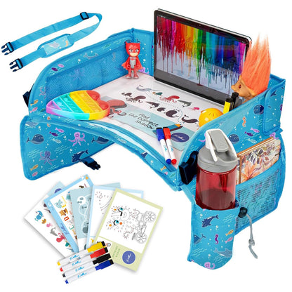 PILLANI Kids Travel Tray for Car Seat - Carseat Tray w/ iPad Holder & Dry Erase Board, Road Trip Activities - Toddler Lap Desk Organizer for Airplane - Roadtrip & Travel Essentials - Pack of 2, Pink
