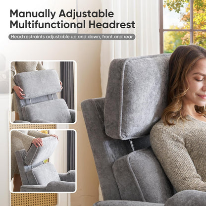 Oversized Power Rocker Recliner Chair, 26" Extra Wide Swivel Recliner with Adjustable Headrest, Chenille Glider Rocking Nursery Chair with Overstuffed Armrest, USB Ports, Cream