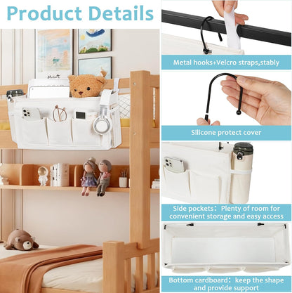 Loghot Bedside Caddy/Bedside Storage Bag Hanging Organizer for Bunk and Hospital Beds,Dorm Rooms Bed Rails,Can be Placed Glasses,Books,Mobile Phones,Keys (White)