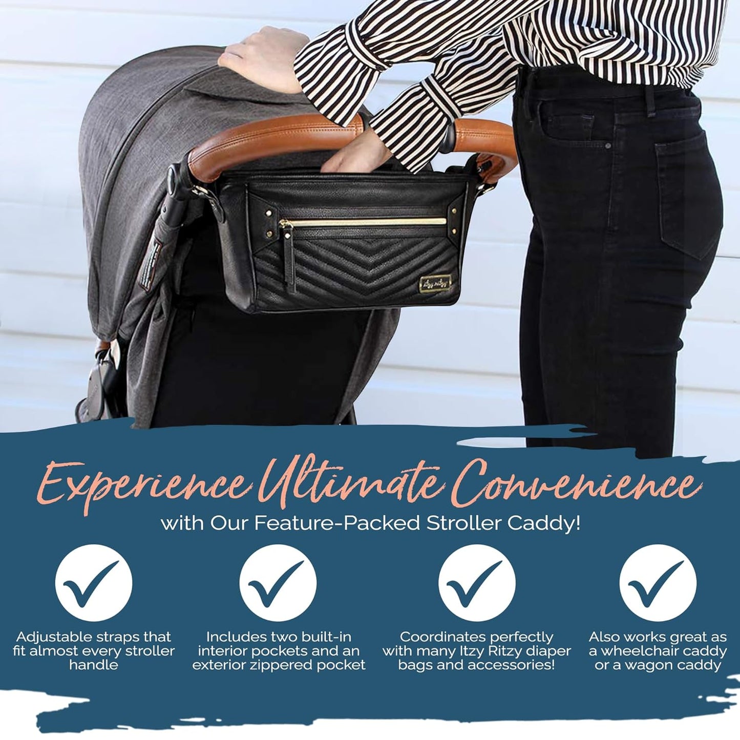 Itzy Ritzy Adjustable Stroller Caddy and Organizer Bag Featuring Front Zippered Pocket, 2 Built-In Interior Pockets & Adjustable Straps to Fit Nearly Any Stroller (Coffee and Cream)