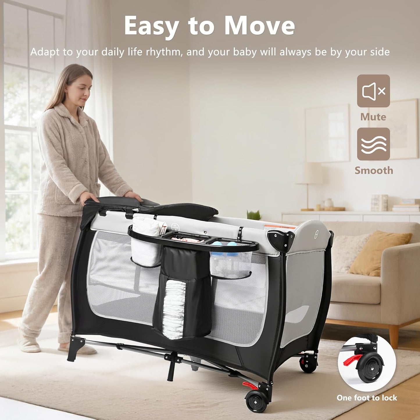 Kinder King 4 in 1 Portable Pack and Play, Baby Playard w/Bassinet, Large Playpen for Infant and Toddler, Newborn Changing Table, Adjustable Canopy, Storage Basket, Travel Bag, Black