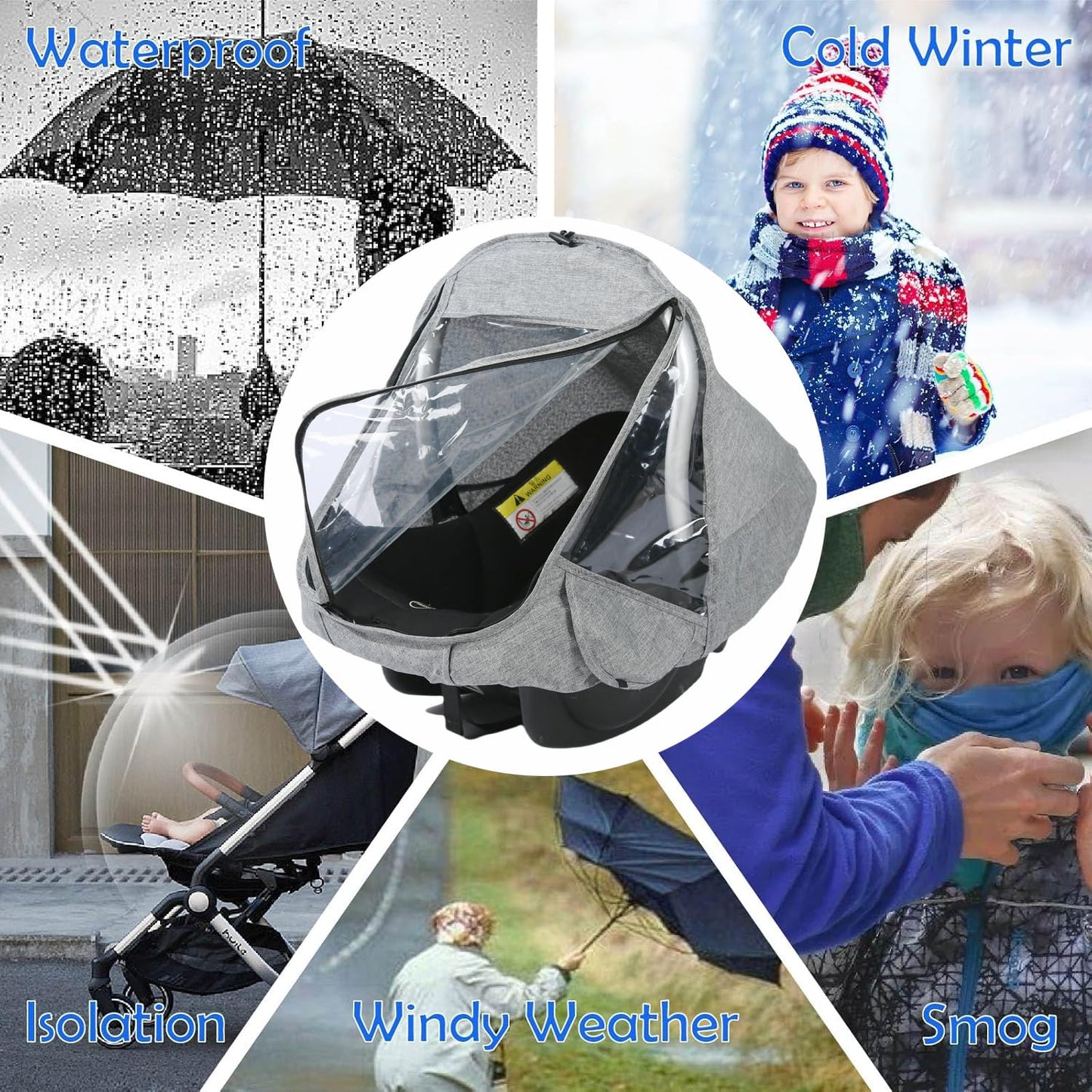 Car Seat Rain Cover,Food Grade EVA,Universal Car Seat Rain,Waterproof, Windproof Protection,Protect from Dust Snow,Rain Cover Features Quick-Access Zipper Door and Side Ventilation(Grey)
