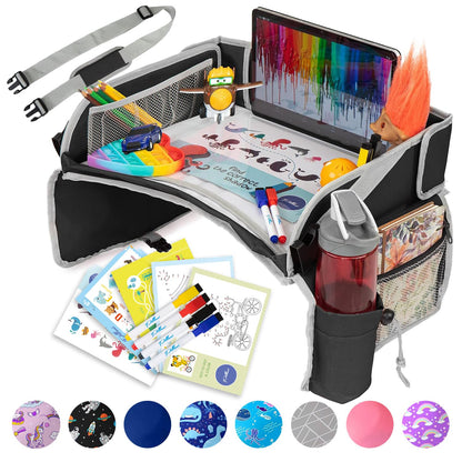 PILLANI Kids Travel Tray for Car Seat - Carseat Tray w/ iPad Holder & Dry Erase Board, Road Trip Activities - Toddler Lap Desk Organizer for Airplane - Roadtrip & Travel Essentials - Pack of 2, Pink