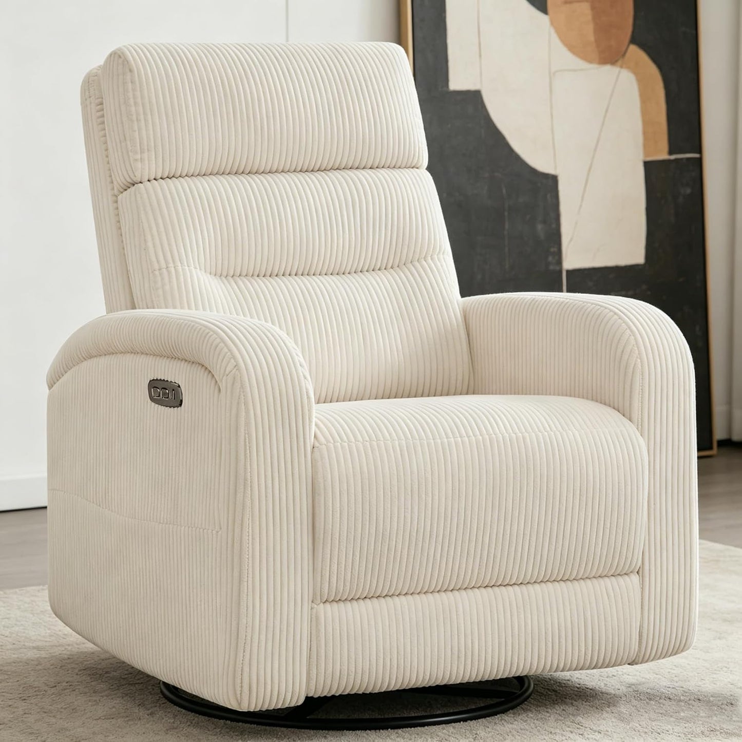 Power Swivel Rocker Recliner Chair for Nursery, Swivel Reclining Rocking Chairs, Electric Glider for Living Room, Upholstered Recliner Chairs for Bedroom, Corduroy White