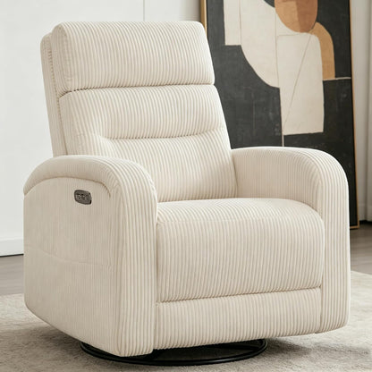 Power Swivel Rocker Recliner Chair for Nursery, Swivel Reclining Rocking Chairs, Electric Glider for Living Room, Upholstered Recliner Chairs for Bedroom, Corduroy White