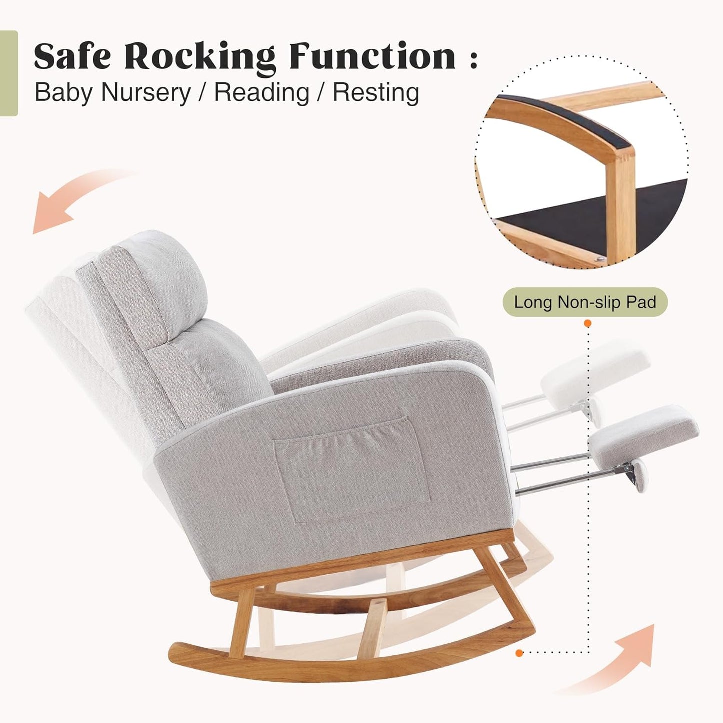 HCHAIRH Rocking Chair Nursery, Nursing Rocking Chairs with Foot Rest for Mom Nursery, Glider Rocker Chair with Footrest and High Backrest for Living Room, Bedroom, Beige