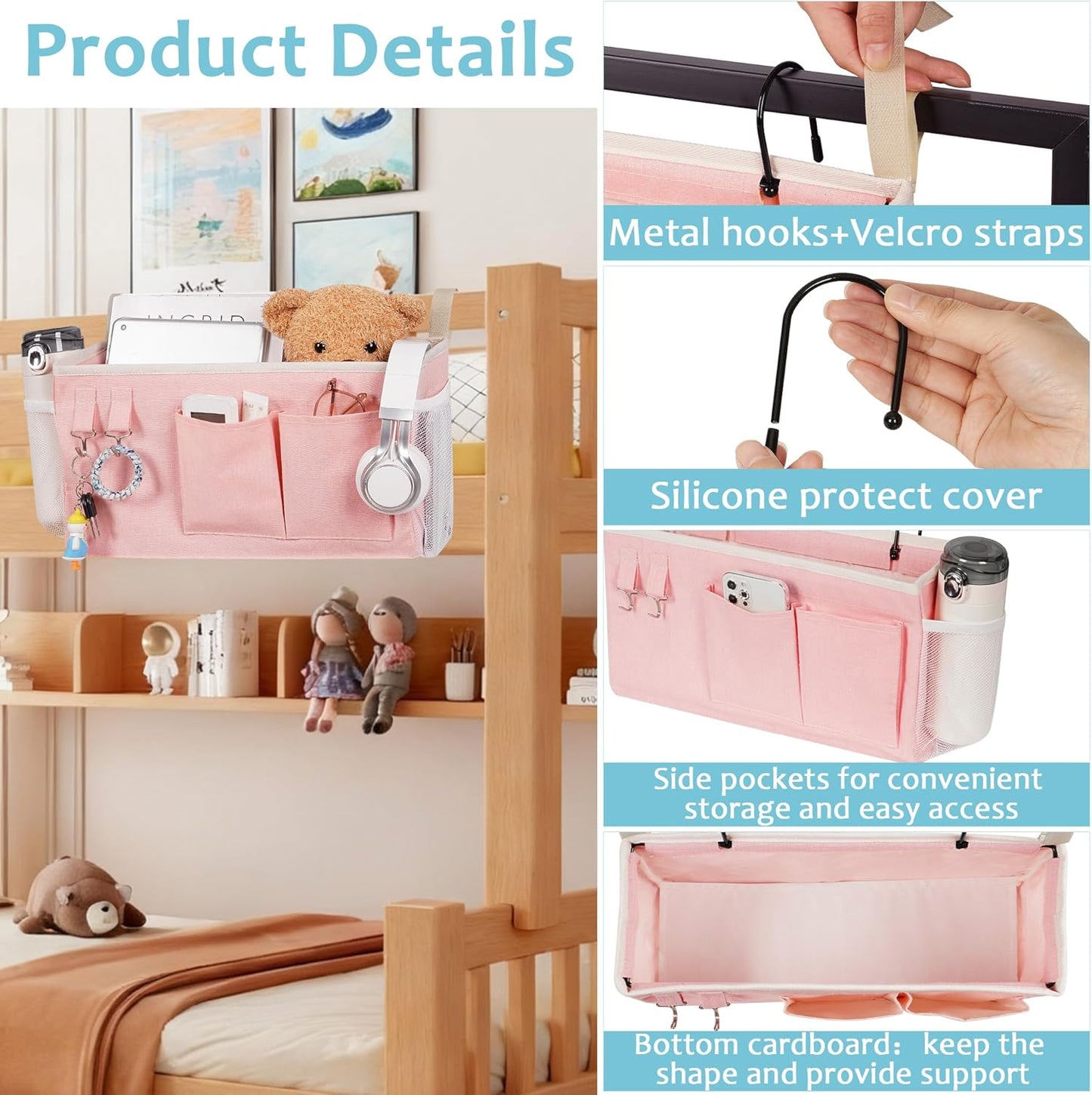 Loghot Bedside Caddy/Bedside Storage Bag Hanging Organizer for Bunk and Hospital Beds,Dorm Rooms Bed Rails,Can be Placed Glasses,Books,Mobile Phones,Keys (White)