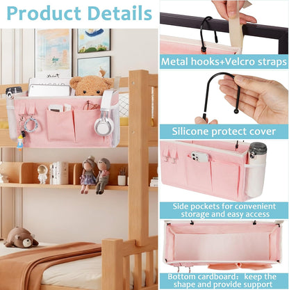 Loghot Bedside Caddy/Bedside Storage Bag Hanging Organizer for Bunk and Hospital Beds,Dorm Rooms Bed Rails,Can be Placed Glasses,Books,Mobile Phones,Keys (White)