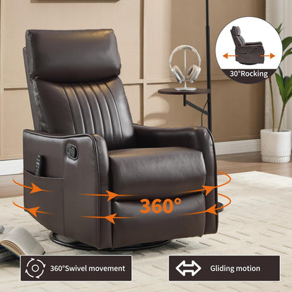 Swivel Rocker Recliner Chair for Adults, Nursery Rocking Chair with Heat and Massage, Glider Reclining Chair for Small Space Living Room Bedroom, Faux Leather Black