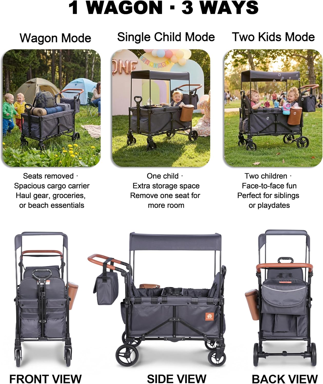 2-in-1 Wagon Stroller for Two Kids – Foldable Push & Pull All‑Terrain Wagon with Canopy, 5‑Point Harnesses, 2-in-1 Storage Bag (Converts to Shoulder Bag), Lightweight, Compact – Black