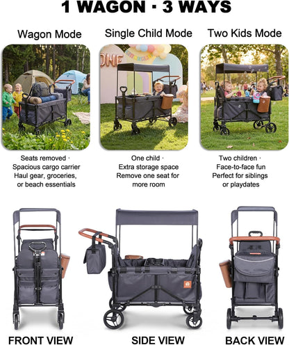 2-in-1 Wagon Stroller for Two Kids – Foldable Push & Pull All‑Terrain Wagon with Canopy, 5‑Point Harnesses, 2-in-1 Storage Bag (Converts to Shoulder Bag), Lightweight, Compact – Black