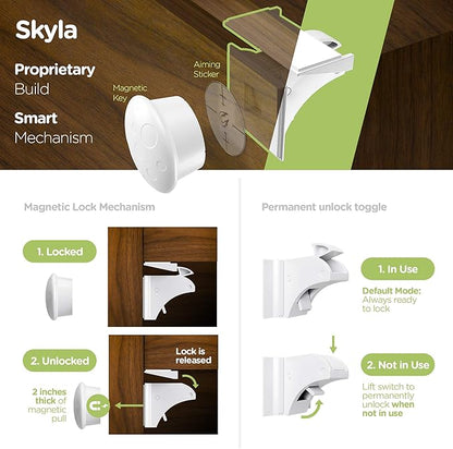 SKYLA HOMES Magnetic Cabinet Locks Baby Proofing Child Safety - The Safest Quickest and Easiest Multi-Purpose 3M Adhesive Child Proof Latches, No Screws or Tools Needed (4 Pack)